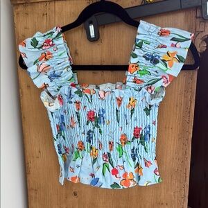 Hill House Floral Smocked Blouse - Light Blue